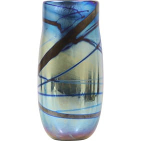 Elaine Hyde Studio Art Glass Vase, Rich Blue with Iridescent, Signed, 7.25 in. height x 3.75 in. dia