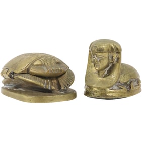 2 Small Bronze Egyptian Sphinx Figural Container and Bronze Clam Shell Container