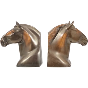 Vintage Cast Metal Horse Head Bookends in Original Patina, 6 in. height x 5.5 in. wide