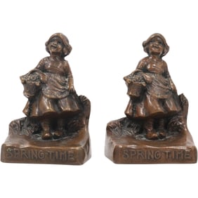 Vintage Weidlich Brothers "Springtime" Girl with May Basket Bookends, Cast Metal, Original Patina