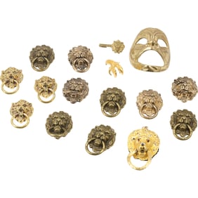 Estate Grouping 16 Assorted Pieces of Metal Lion Faces with Rings, Mask, Other