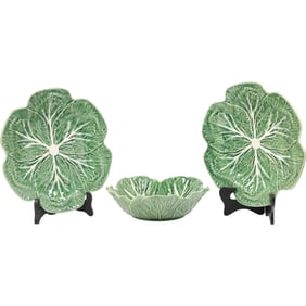 Bordallo Pinheiro Portugal Green Cabbage 2 Leaf Plates and Cabbage Bowl 9 inches dia.