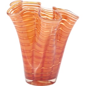 Mid-Century Modern Orange Art Glass Vase with Wavy Swirl, Ruffled. 12 in. height x 10 in. wide