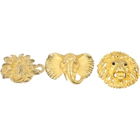 Doreen Ryan , 3 Assorted Gold Tone Pins Lion Face, Elephant Face, Floral