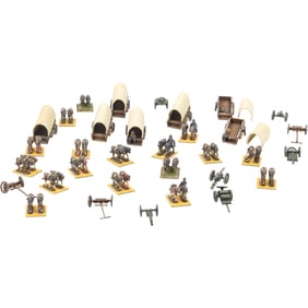 Grouping of Assorted Cast Metal American Western Conestoga Wagons, Horses, Figures