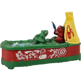 Novelty Cast Iron Mechanical Teepee & Feeding Frog Coin Bank in Original Paint Finish 10 in. length