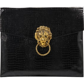 Black Pleather Attache Document Holder with Brass Lion's Head, 16 in. x 13.5 in.