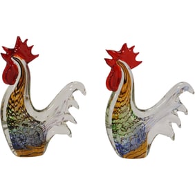 2 Colorful MURANO Art Glass ROOSTER Figure Sculptures 10 in. height x 8.5 in. wide