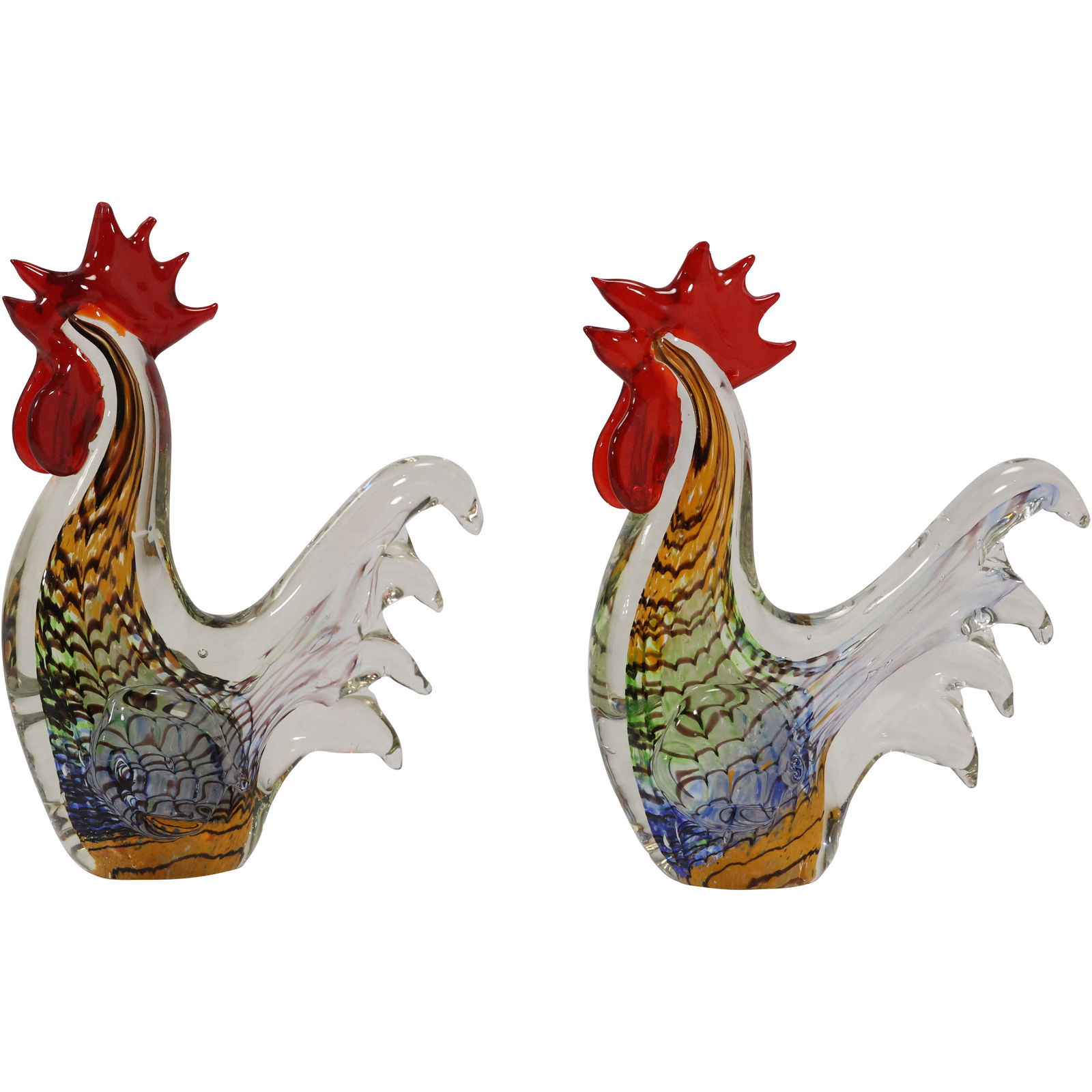 2 Colorful MURANO Art Glass ROOSTER Figure Sculptures 10 in. height x 8.5 in. wide (1 of 20)