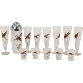 Vintage Barware Set, Gay Fad Studios "Pheasants" pattern Cocktail Shaker, 7 Pilsner Glasses 5 Liquor