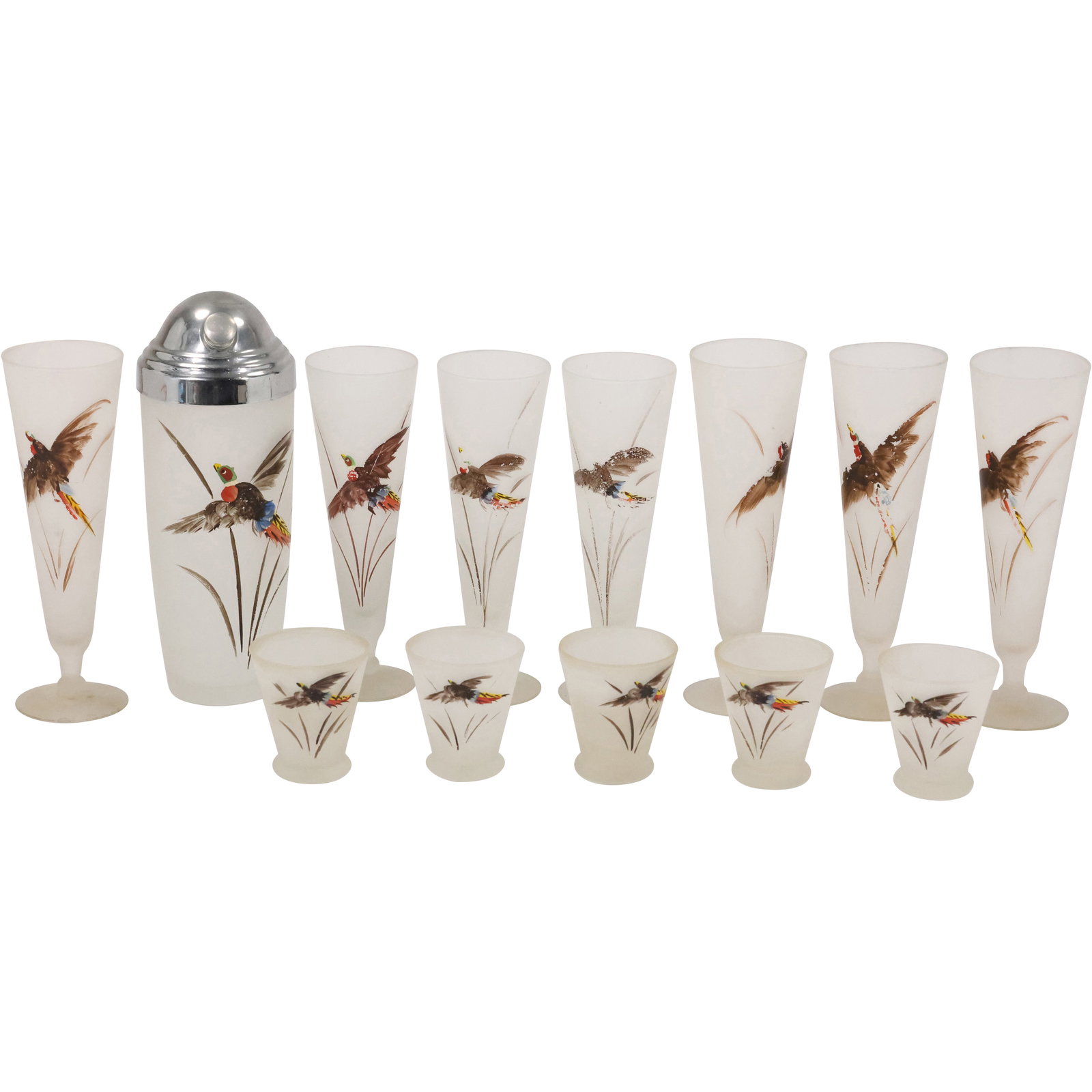 Vintage Barware Set, Gay Fad Studios "Pheasants" pattern Cocktail Shaker, 7 Pilsner Glasses 5 Liquor (1 of 18)