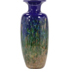 Signed MAD ART Studio Art Glass Large Vase Blue to Green to Brown, 14 in. height x 5 in. wide