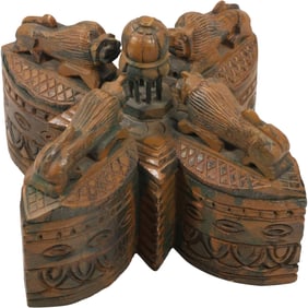 antique wooden spice box, likely of Indian origin, characterized by intricate carvings
