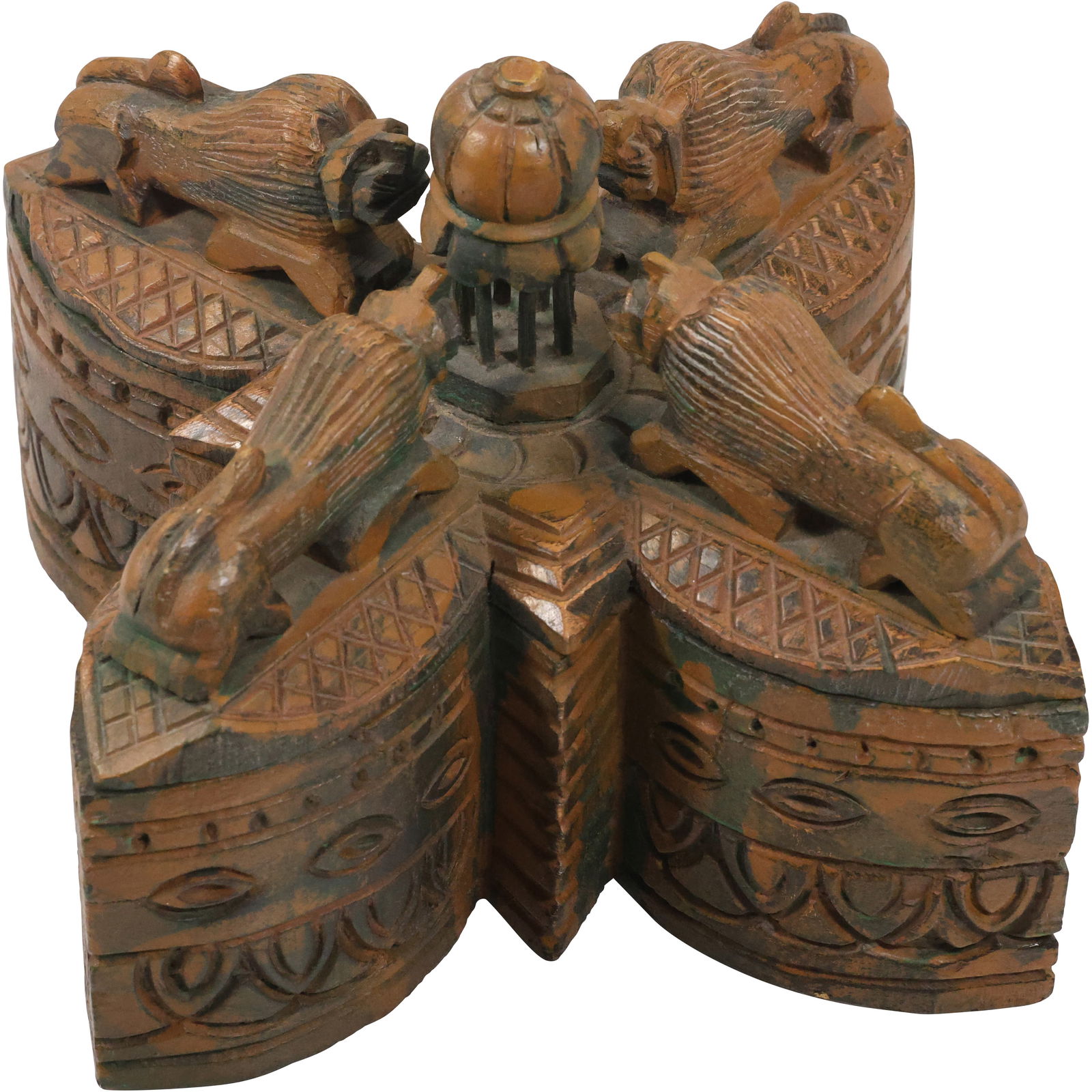 antique wooden spice box, likely of Indian origin, characterized by intricate carvings (1 of 17)
