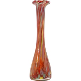Vintage KREISS Art Glass Orange-Red Swung Vase 10 in. height x 3 in. wide, Original Label