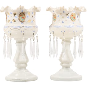 Pair Circa 1890s Bristol Glass Lustres, Ruffled Top Rim, Hand Painted Enamel Decoration, Prisms