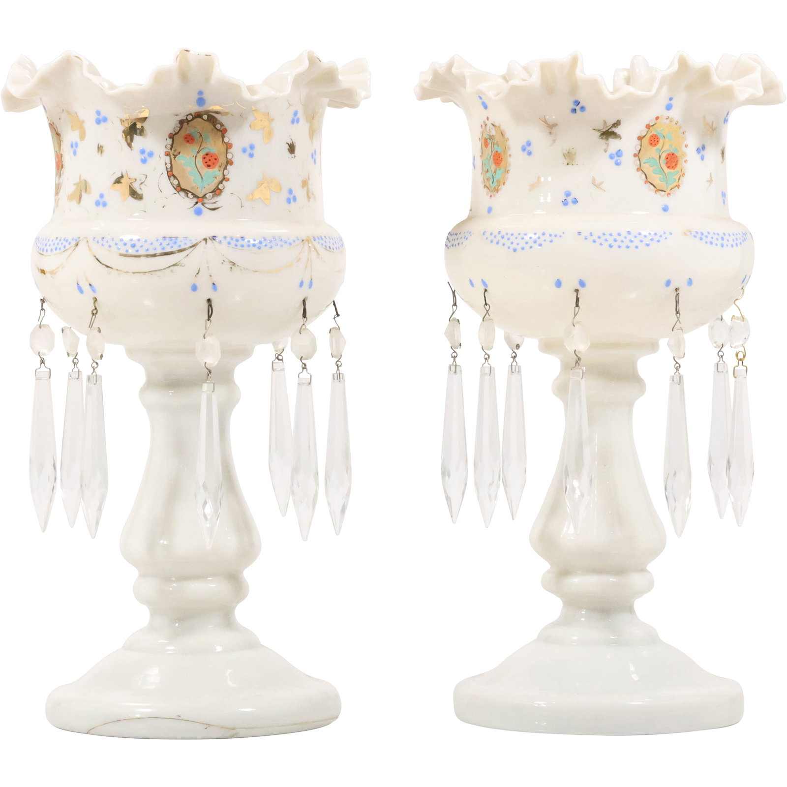 Pair Circa 1890s Bristol Glass Lustres, Ruffled Top Rim, Hand Painted Enamel Decoration, Prisms (1 of 17)