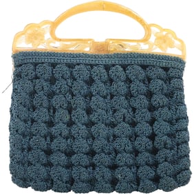 Vintage Blue Popcorn Stitch Fabric Purse with Celluloid Handle 7.5 in. x 7 in.