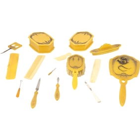 15 Piece 1920s Vintage Celluoid Vanity Set, Brush, Hand Mirror, Dresser Boxes, More . SEE PICTURES