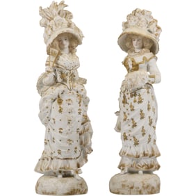 Pair 19th C. French Paris Bisque Porcelain Fashion Women Figues Statues 17 inches height