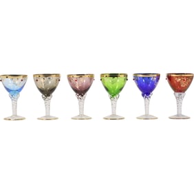 Set 6 Multi Colored Stemware Glasses Fancy Gold Decoration and Enameled Jewels