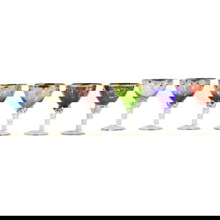 Set 6 Multi Colored Stemware Glasses Fancy Gold Decoration and Enameled Jewels: Set 6 Multi Colored Stemware Glasses Fancy Gold Decoration and Enameled Jewels. size: 5h 3w