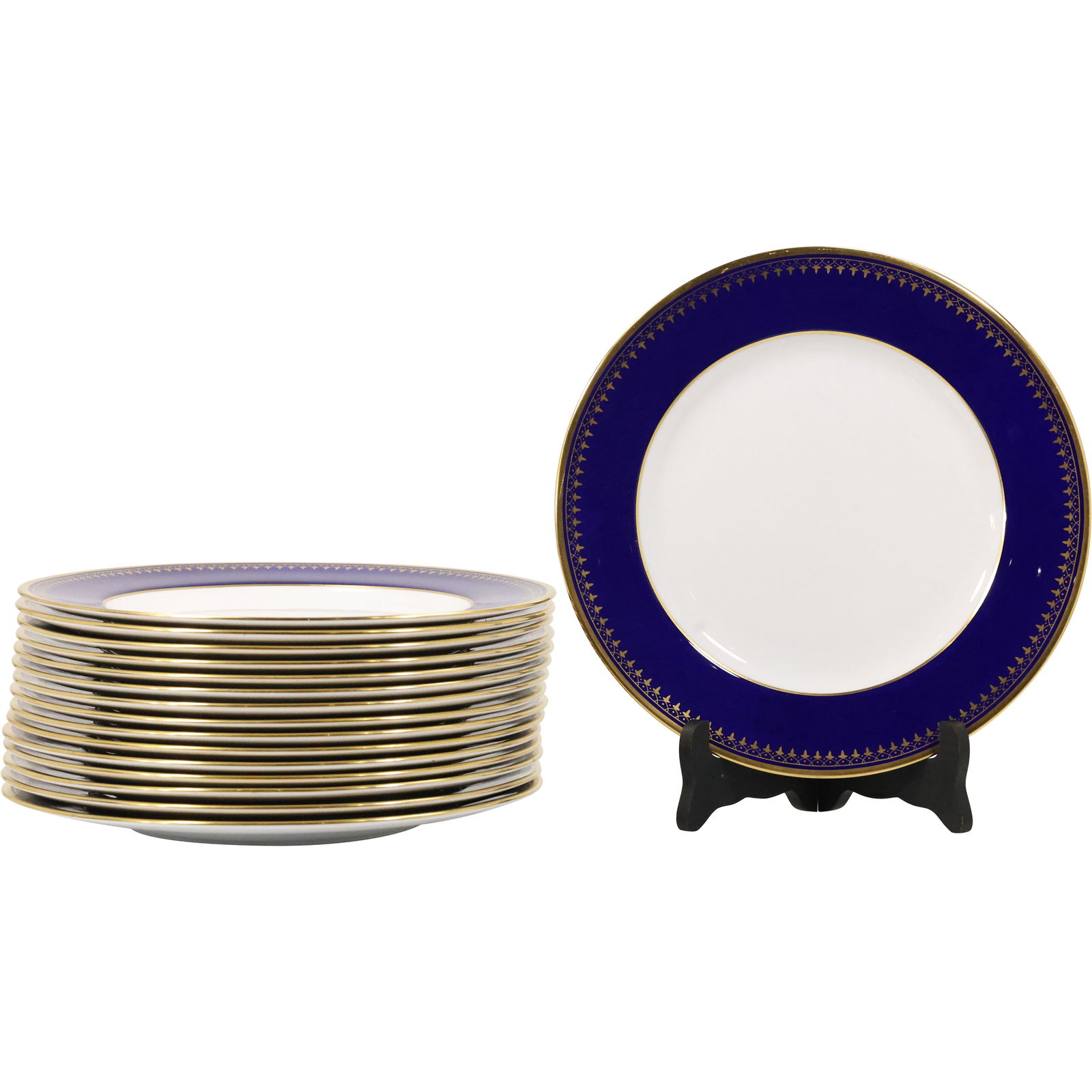 Set 16 SPODE Fine Porcelain Dinner Service Plates with Cobalt & Gold Border 10.25 in. dia. (1 of 17)
