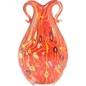 1960s Murano Millefiori Vase, Orange Red Heavy Art Glass Vase Flavio Poli Murines 11.5 in. height