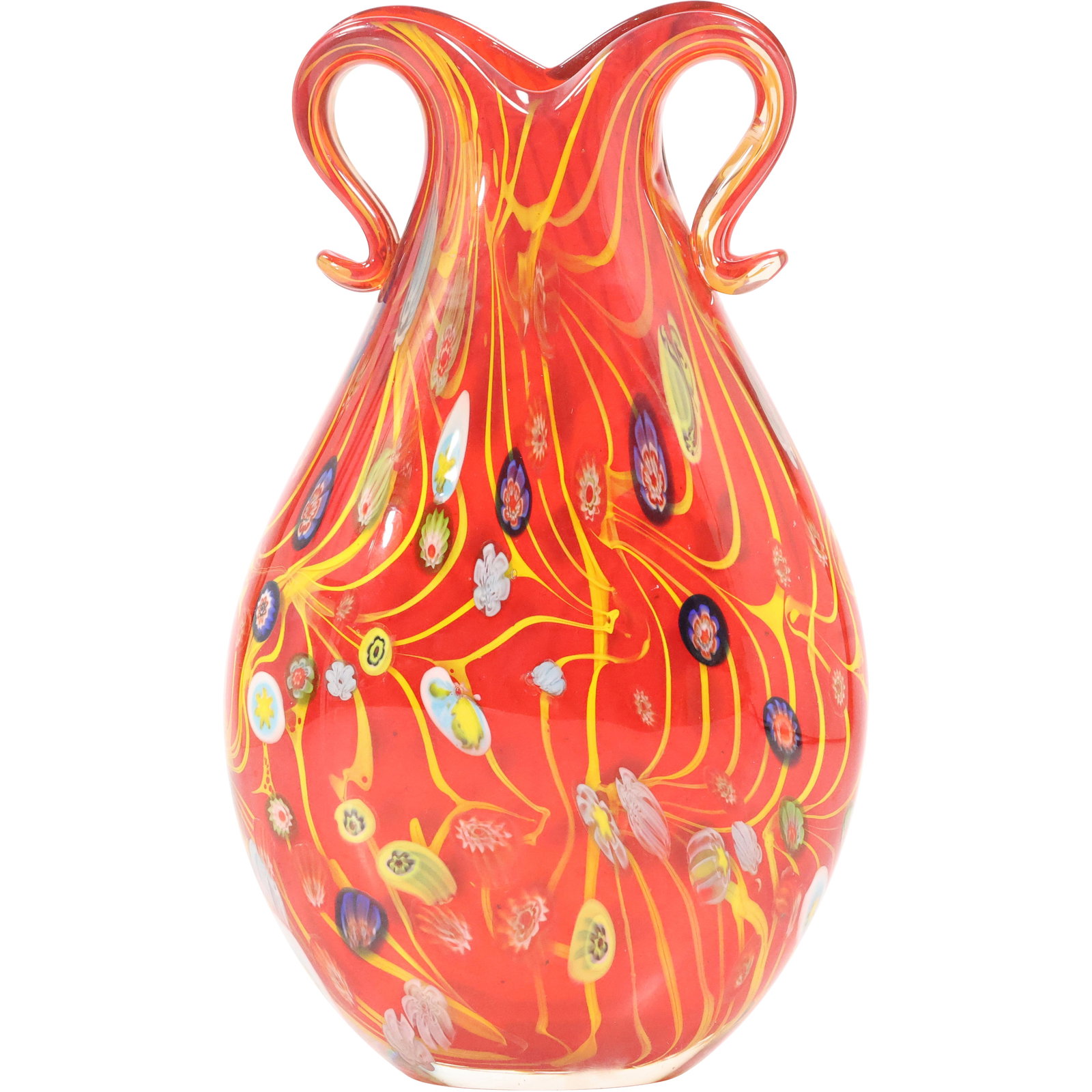 1960s Murano Millefiori Vase, Orange Red Heavy Art Glass Vase Flavio Poli Murines 11.5 in. height: 1960s Murano Millefiori Vase, Orange Red Heavy Art Glass Vase Flavio Poli Murines 11.5 in. height. size: 11.5h 8w