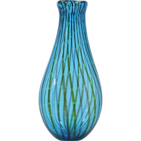 Murano Tall Blue Glass Vase with Criss-Cross Vertical Lines Pattern 14 inches height x 7 in. wide