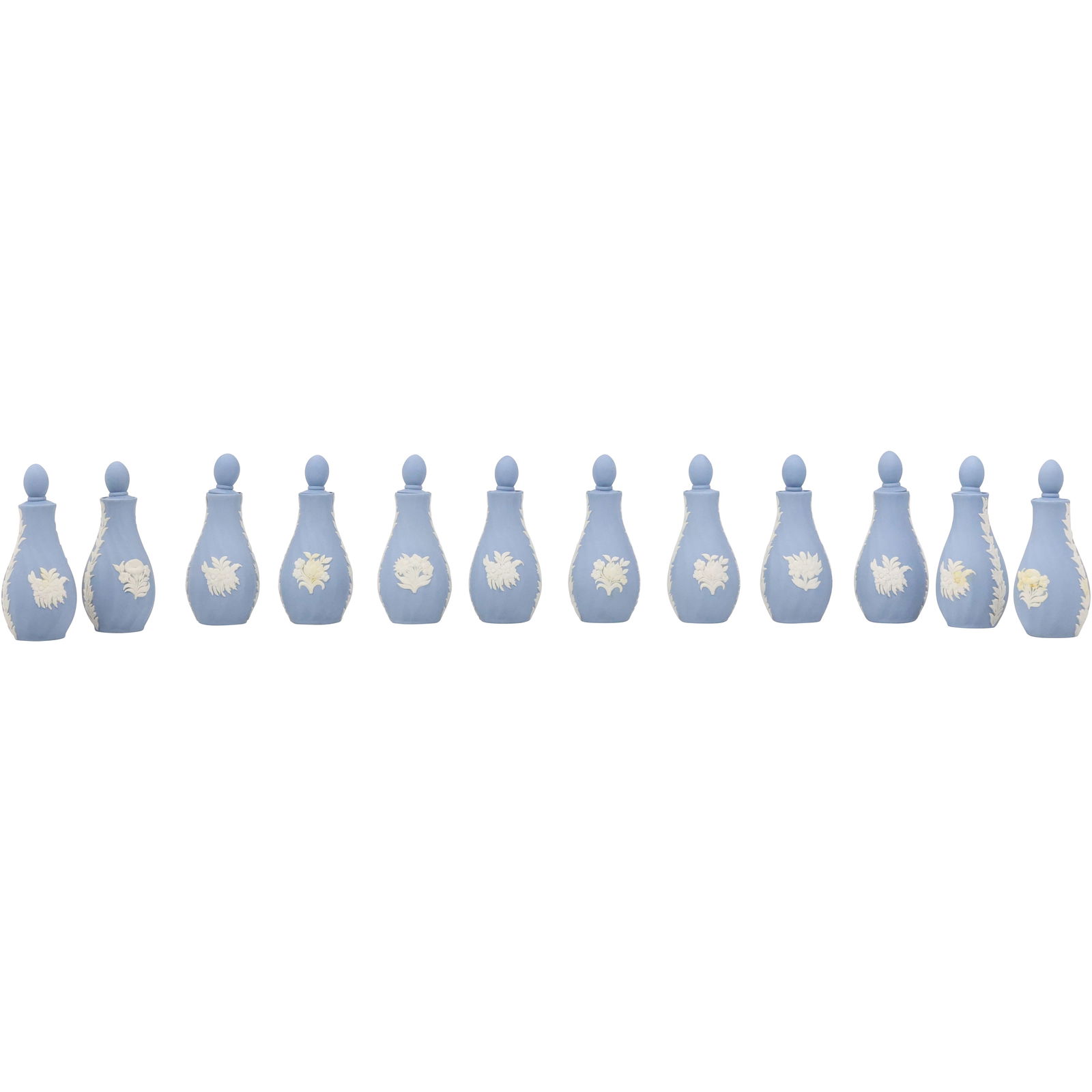 Set 12 Miniature Wedgwood Perfume Bottles with Stoppers - All Matching: Set 12 Miniature Wedgwood Perfume Bottles with Stoppers - All Matching. size: 4.5h 1.5w