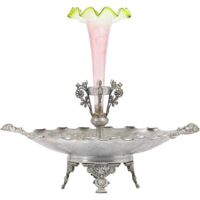 19th C. Southington Co, Aestheic Movement Cast Metal Tray Base Epergne, Art Glass Vase