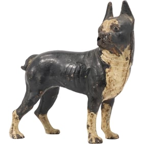 ANTIQUE HUBLEY BLACK & CREAM CAST IRON BOSTON TERRIER DOG STATUE DOORSTOP