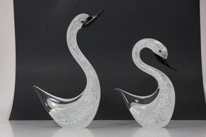 PAIR OF MURANO WHITE ART GLASS SWANS with Internal Lattice Decoration 14.5 in. height