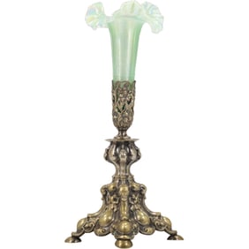 Henniger Berlin Germany 19th C. Brass Baroque Base Epergne with Green Art Glass Stem Vase