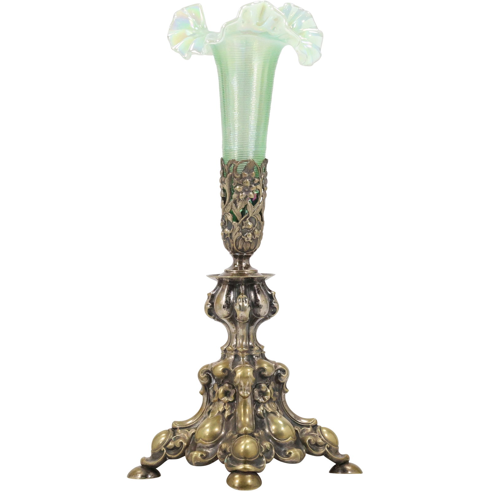 Henniger Berlin Germany 19th C. Brass Baroque Base Epergne with Green Art Glass Stem Vase (1 of 16)