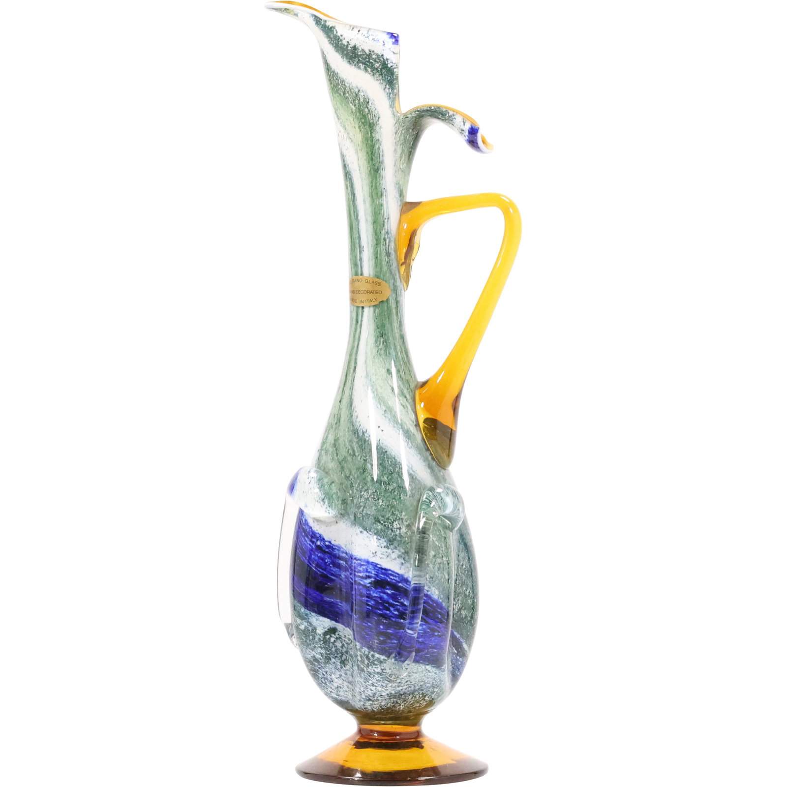 MURANO Italian Art Glass Multi Colors Tall Ewer Pitcher with Original Label 17.5 in. height: MURANO Italian Art Glass Multi Colors Tall Ewer Pitcher with Original Label 17.5 in. height. size: 17.5h 4.5w