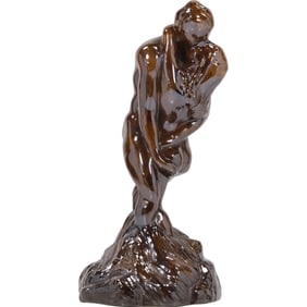 Brown Glazed Ceramic Embracing Lovers Statue Sculpture 16 inches height x 7.25 in. wide