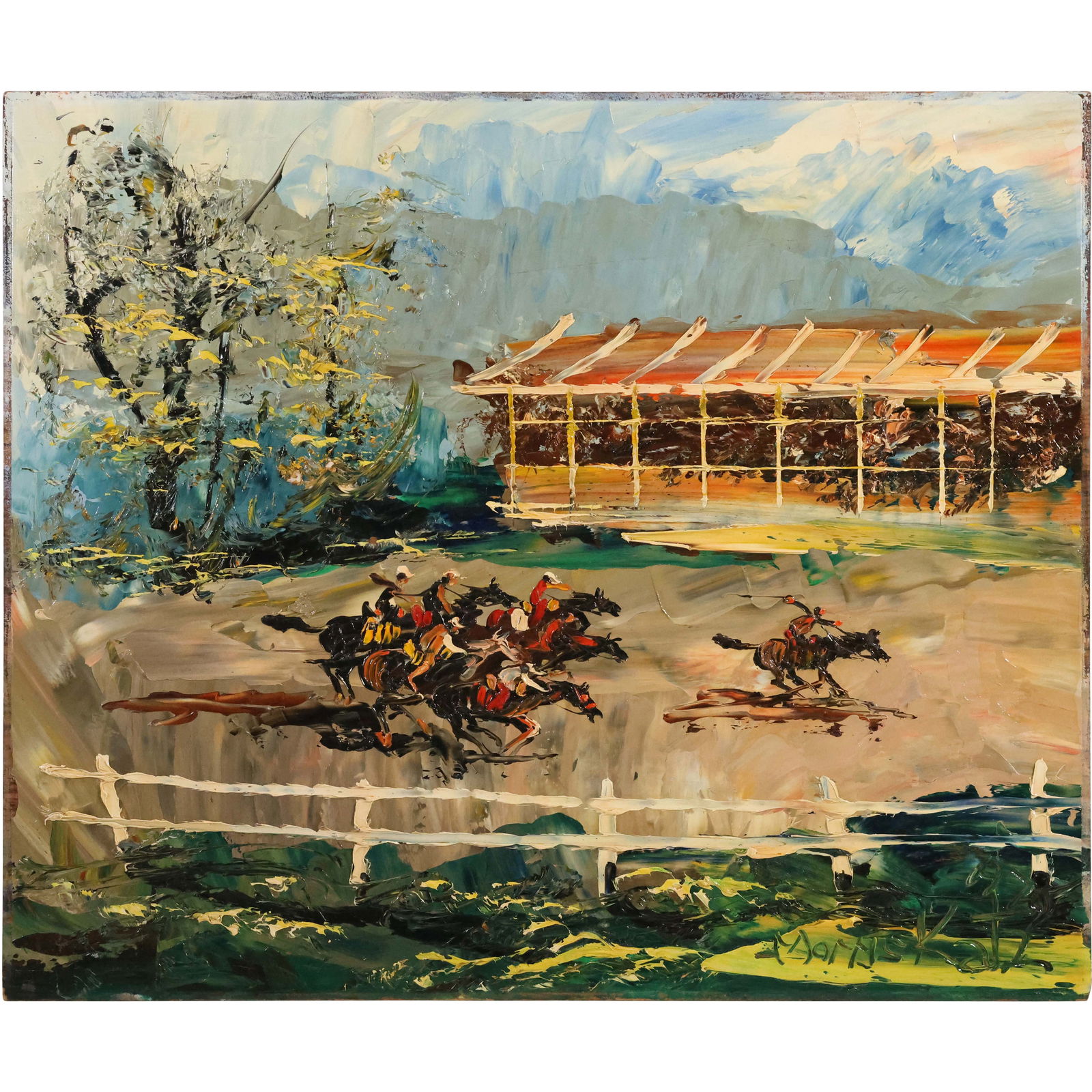 Morris Katz, Jewish - American, Acrylic Painting "Monticello Raceway, NY", Signed, 22 in. x 26 in.: Morris Katz, Jewish - American, Acrylic Painting "Monticello Raceway, NY", Signed. size: 22 inches x 26 inches. ASKart: Morris Katz (born Moshe Katz on March 5, 1932 in Galicia, Poland, died November
