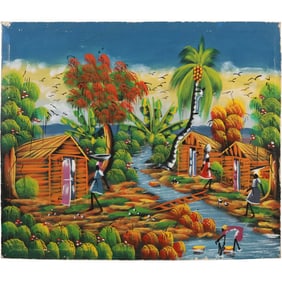Vintage Haitian Waterfront Village with Gardens, Figures, Oil on Canvas Painting 20 in. x 23.5 in.