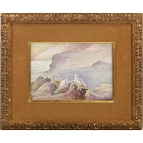 Signed WB Johnson Dated 1909, Framed Painting on Porcelain Birds on Rocky Coastal Seascape
