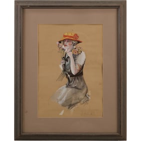 George M Teeple 1912, Framed Watercolor Painting Fashion Woman Wearing a Hat