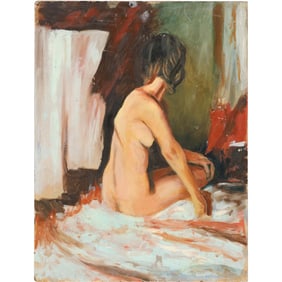 Vintage Oil on Board Painting Seated Nude Woman in Bedroom Interior, Unsigned