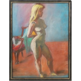 Vintage Oil on Board Painting Standing Nude Woman in Interior Room, Unsigned