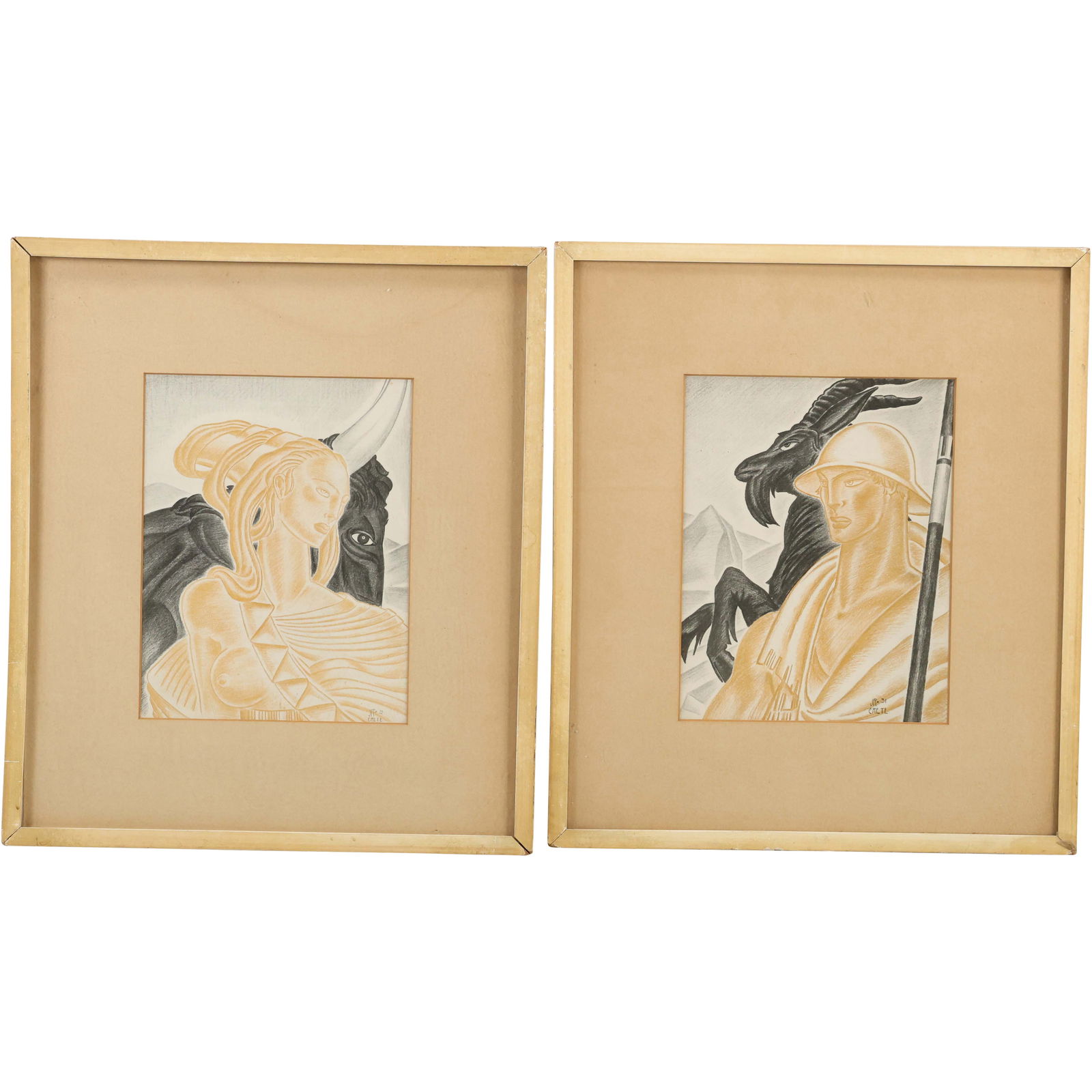 2 Framed Art Deco Drawings JR CRETE 1931, Man Wearing Helmet, Goat & Woman, Bison (1 of 14)