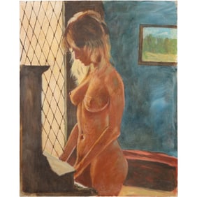 Vintage Oil on Board Painting Standing Nude Woman Playing a Piano, Unsigned
