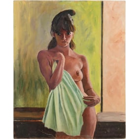 Vintage Oil on Board Painting Standing Nude Woman Holding a Green Sheet , Unsigned