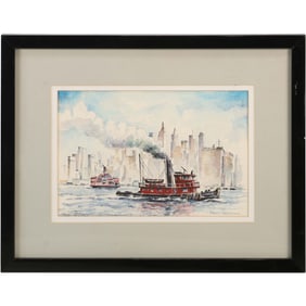 Paul Scherr, Watercolor Painting, Tug Boat in New York Harbor, Signed, Framed
