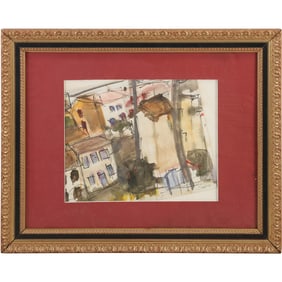 Claude Parent (1923 - 2016) France, Watercolor Painting Urban Street Buildings, Signed, Framed