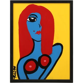 Thomas Pulgini, American, Pop-Art Abstract Oil on Board Painting, Blue Woman Red Hair Portrait